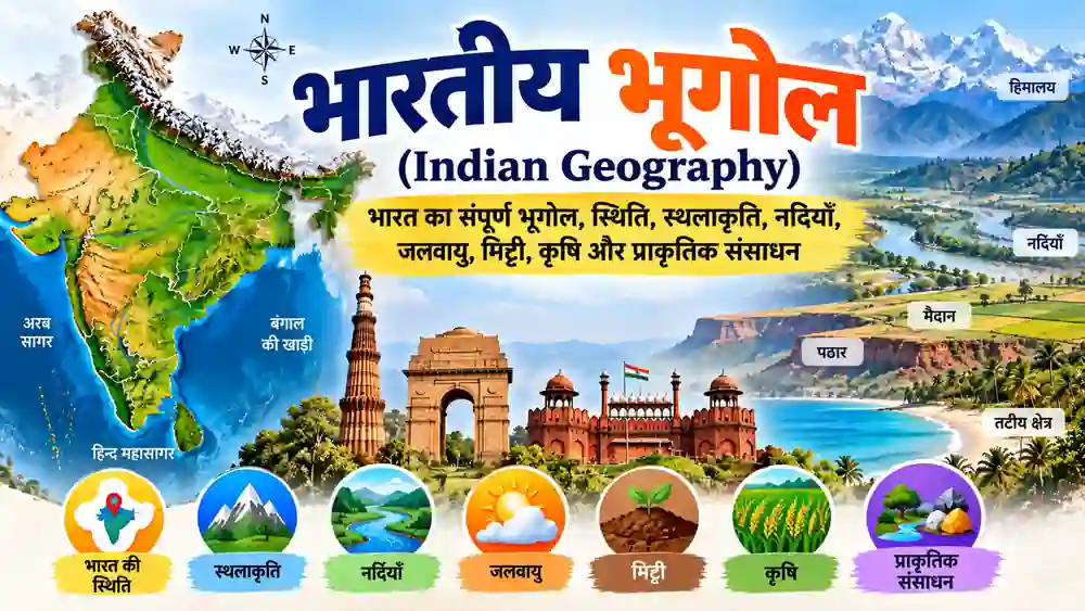 भारतीय भूगोल Indian Geography – भारत की स्थिति, स्थलाकृति, नदियाँ, जलवायु, मिट्टी और कृषि